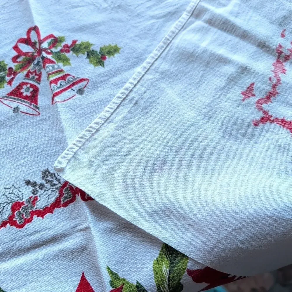 Vintage Mid Century Poinsettias Christmas Tablecloth, 52
